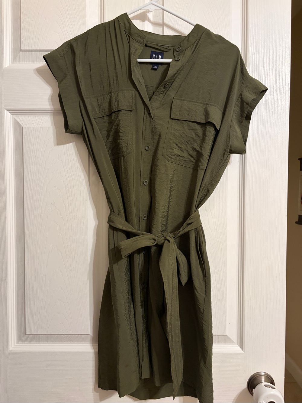 GAP Olive Green Tie-Waist Shirt Midi Dress